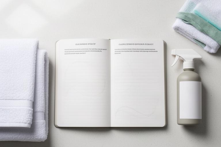 Open notebook with cleaning policy questions beside folded white towels and a spray bottle
