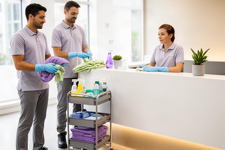 Commercial cleaning team preparing supplies beside a tidy office reception desk