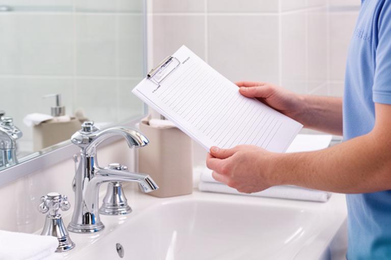 Cleaner inspecting polished bathroom fixtures with a checklist in a residential bathroom