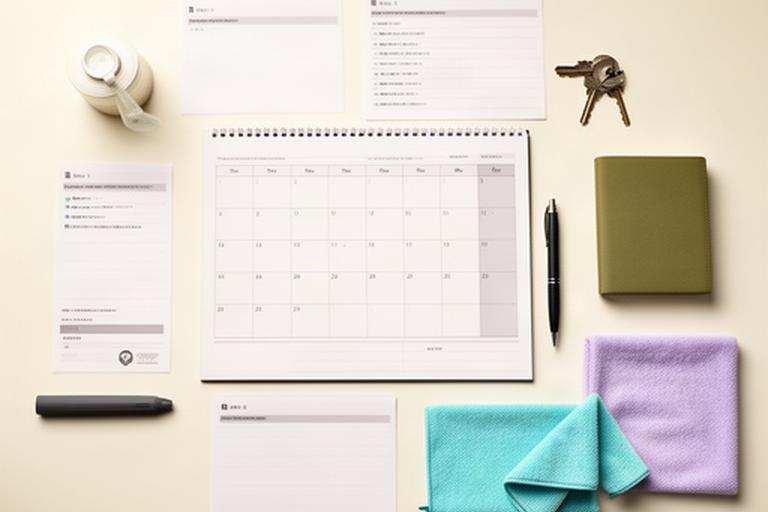 Calendar, pen, and cleaning appointment notes arranged on a neat office table