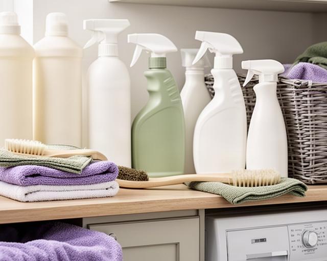 Organized home cleaning supplies on a laundry room shelf beside neatly folded towels